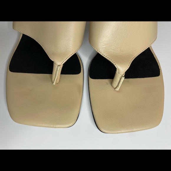 Zara Women Heeled Leather Square Toe Thong Sandals Beige/Nude Size 7 US 38 Euro - Picture 9 of 14